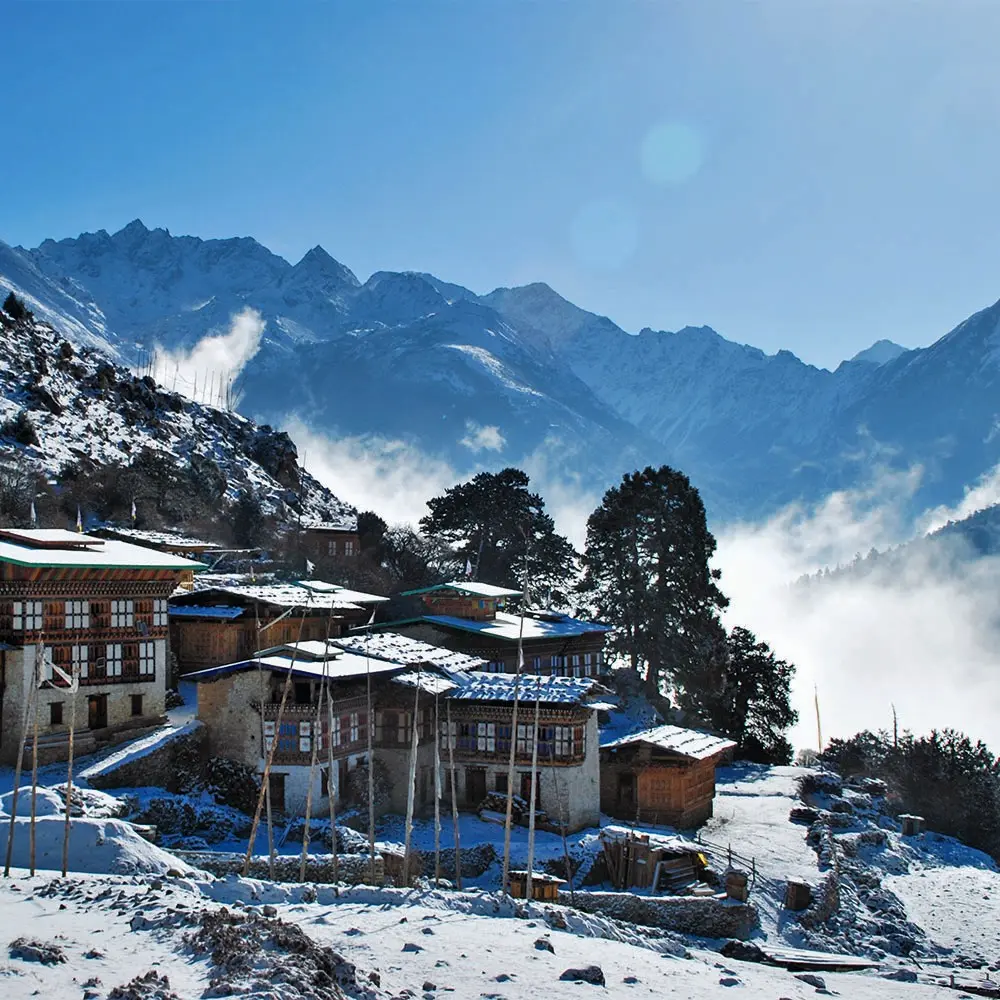 Bhutan snow mountains rising above alpine meadows — the dramatic winter landscape visible from Bhutan's high passes in clear-sky months